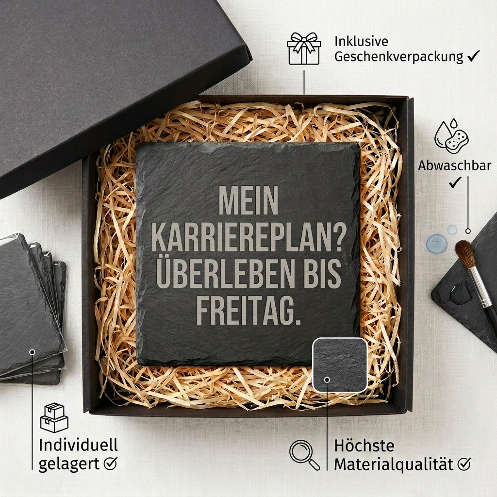 Mein Karriereplan? Überleben bis Freitag. – Schiefer Untersetzer 10x10 cm, lustiges Büro Geschenk, Geschenk für Arbeitskollegen, handgravierter Naturstein