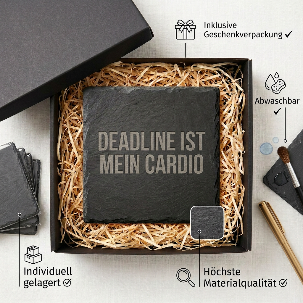 Deadline ist mein Cardio – Schiefer Untersetzer 10x10 cm, lustiges Büro Geschenk, Geschenk für Arbeitskollegen, handgravierter Naturstein