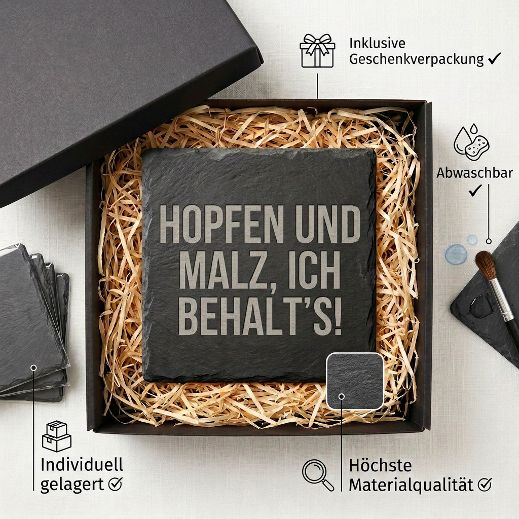 Hopfen und Malz, ich behalt’s! – Schiefer Untersetzer 10x10 cm, lustiges Geschenk für Bierliebhaber, Büro Geschenk, Geschenk für Arbeitskollegen, handgravierter Naturstein