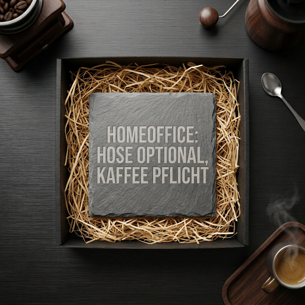 Homeoffice: Hose optional, Kaffee Pflicht – Schiefer Untersetzer 10x10 cm, lustiges Büro Geschenk, Geschenk für Arbeitskollegen, handgravierter Naturstein