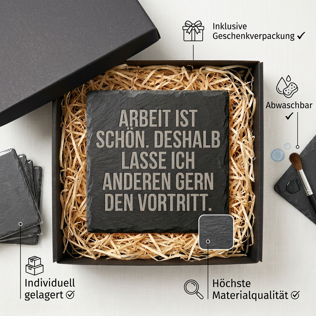 Arbeit ist schön. Deshalb lasse ich anderen gern den Vortritt. – Schiefer Untersetzer 10x10 cm, lustiges Geschenk für Arbeitskollegen, Büro Geschenk, handgravierter Naturstein