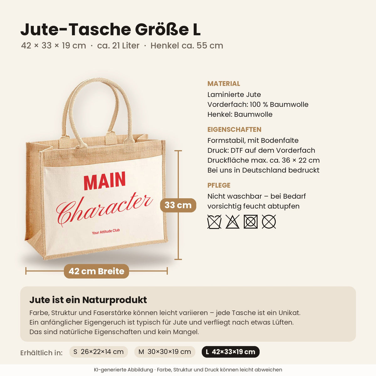 Main Character – Jutetasche mit Spruch, Maße, Material und Pflege