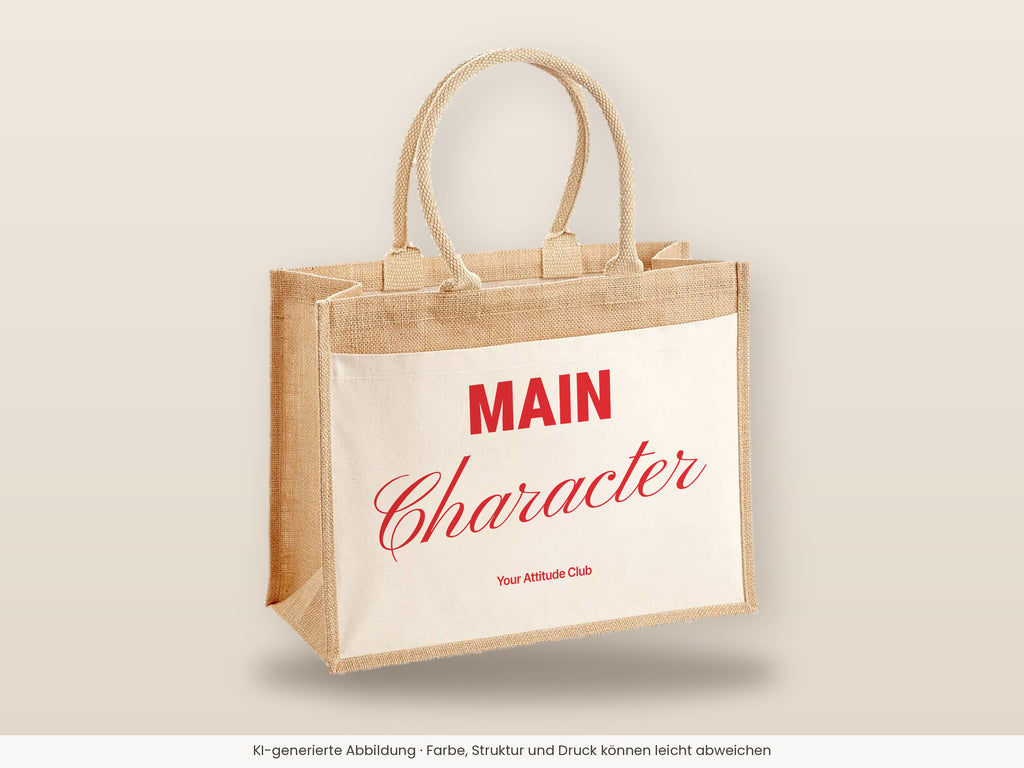 Main Character – Jutetasche mit Spruch, große Jutetasche, Detailansicht