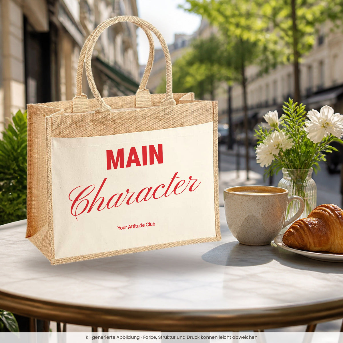 Main Character – Jutetasche mit Spruch, im Café