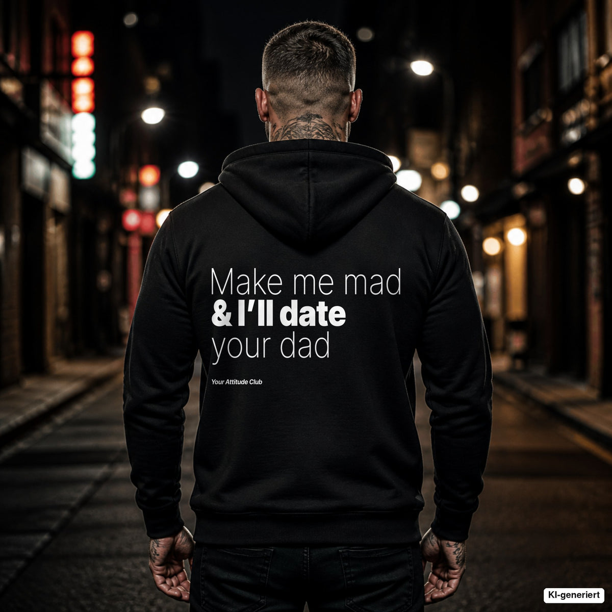 Make me mad & I’ll date your dad – schwarzer Hoodie mit weißem Backprint, Herren in der Stadt bei Nacht
