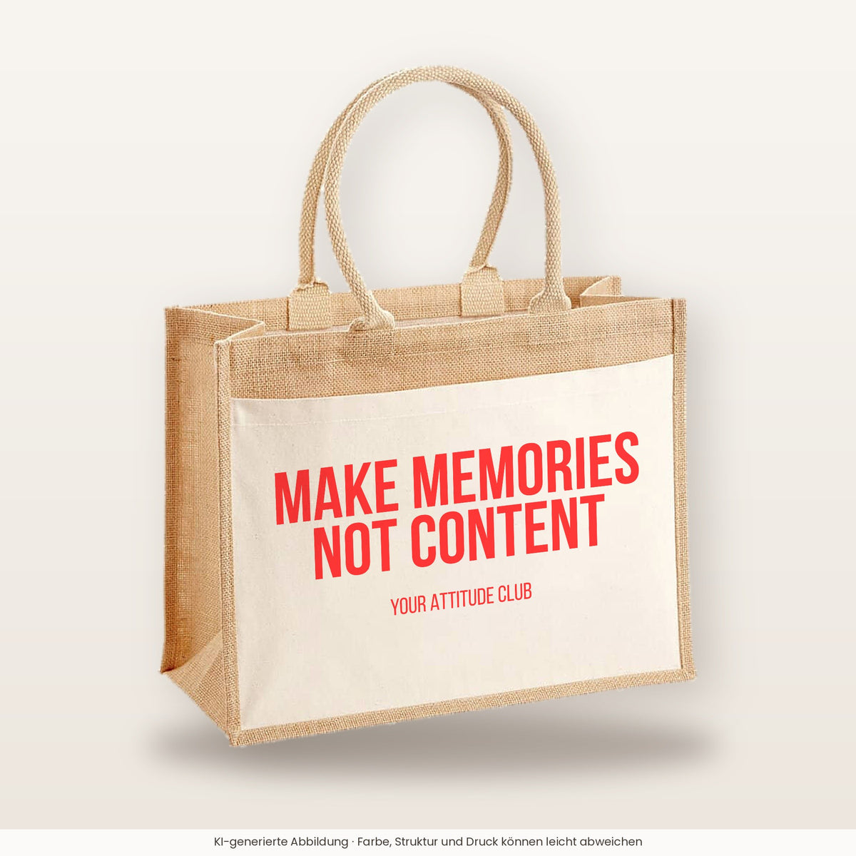 Make memories not content – Jutetasche mit Spruch, große Jutetasche, Produktansicht