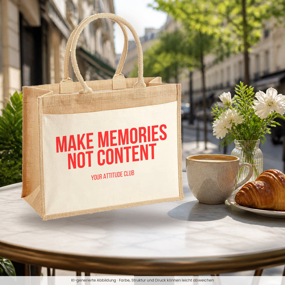 Make memories not content – Jutetasche mit Spruch, im Café