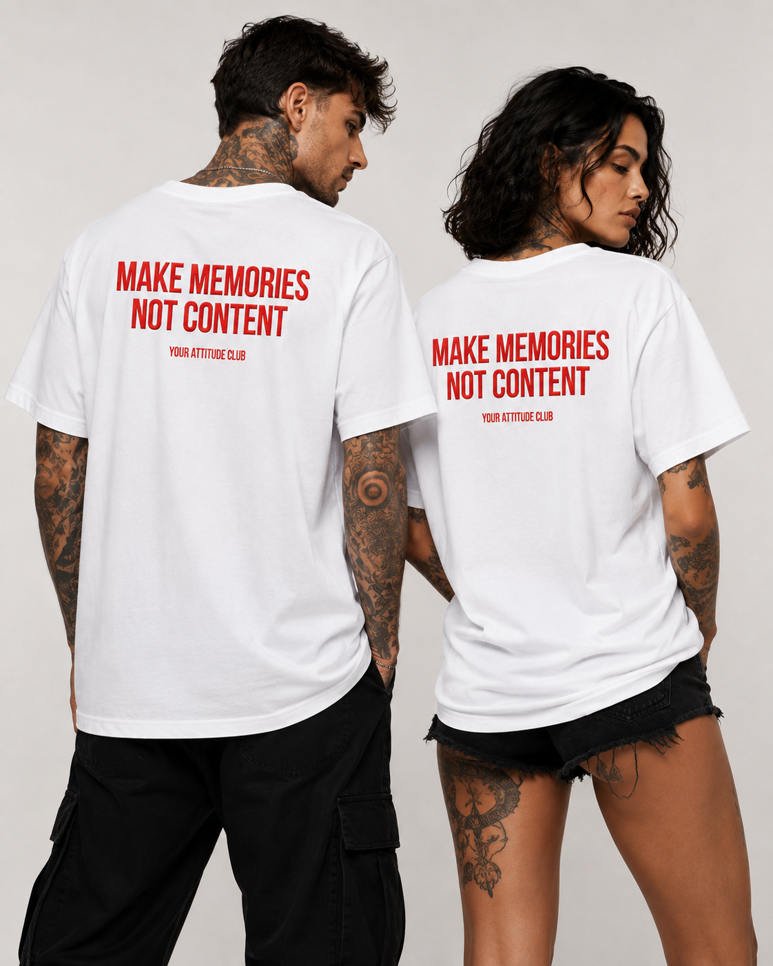 MAKE MEMORIES NOT CONTENT – schwarzes Oversize Unisex Shirt, weißer Backprint, Statement Shirt, Social Media Spruch, Festival Shirt, Geschenk