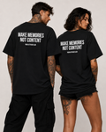 MAKE MEMORIES NOT CONTENT – schwarzes Oversize Unisex Shirt, weißer Backprint, Statement Shirt, Social Media Spruch, Festival Shirt, Geschenk