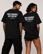 MAKE MEMORIES NOT CONTENT – schwarzes Oversize Unisex Shirt, weißer Backprint, Statement Shirt, Social Media Spruch, Festival Shirt, Geschenk