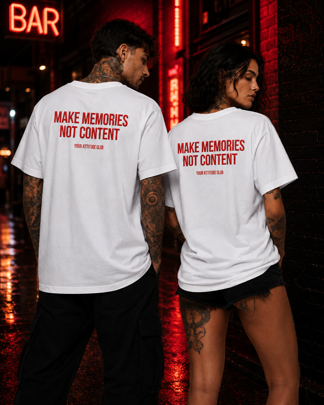 MAKE MEMORIES NOT CONTENT – schwarzes Oversize Unisex Shirt, weißer Backprint, Statement Shirt, Social Media Spruch, Festival Shirt, Geschenk