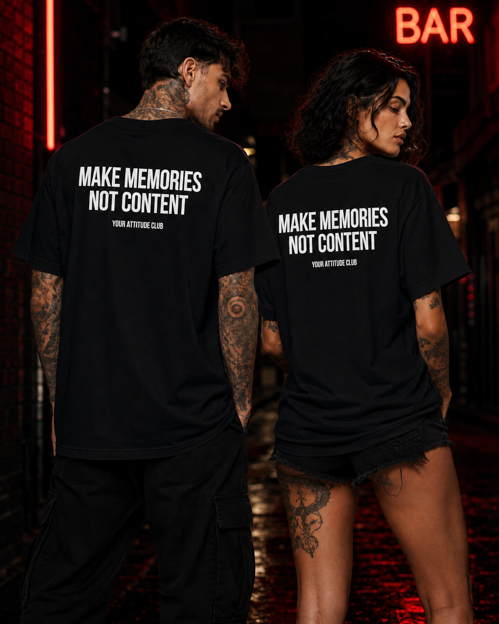 MAKE MEMORIES NOT CONTENT – schwarzes Oversize Unisex Shirt, weißer Backprint, Statement Shirt, Social Media Spruch, Festival Shirt, Geschenk