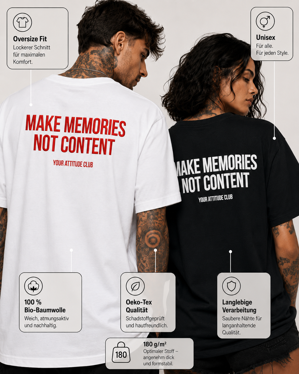 MAKE MEMORIES NOT CONTENT – schwarzes Oversize Unisex Shirt, weißer Backprint, Statement Shirt, Social Media Spruch, Festival Shirt, Geschenk