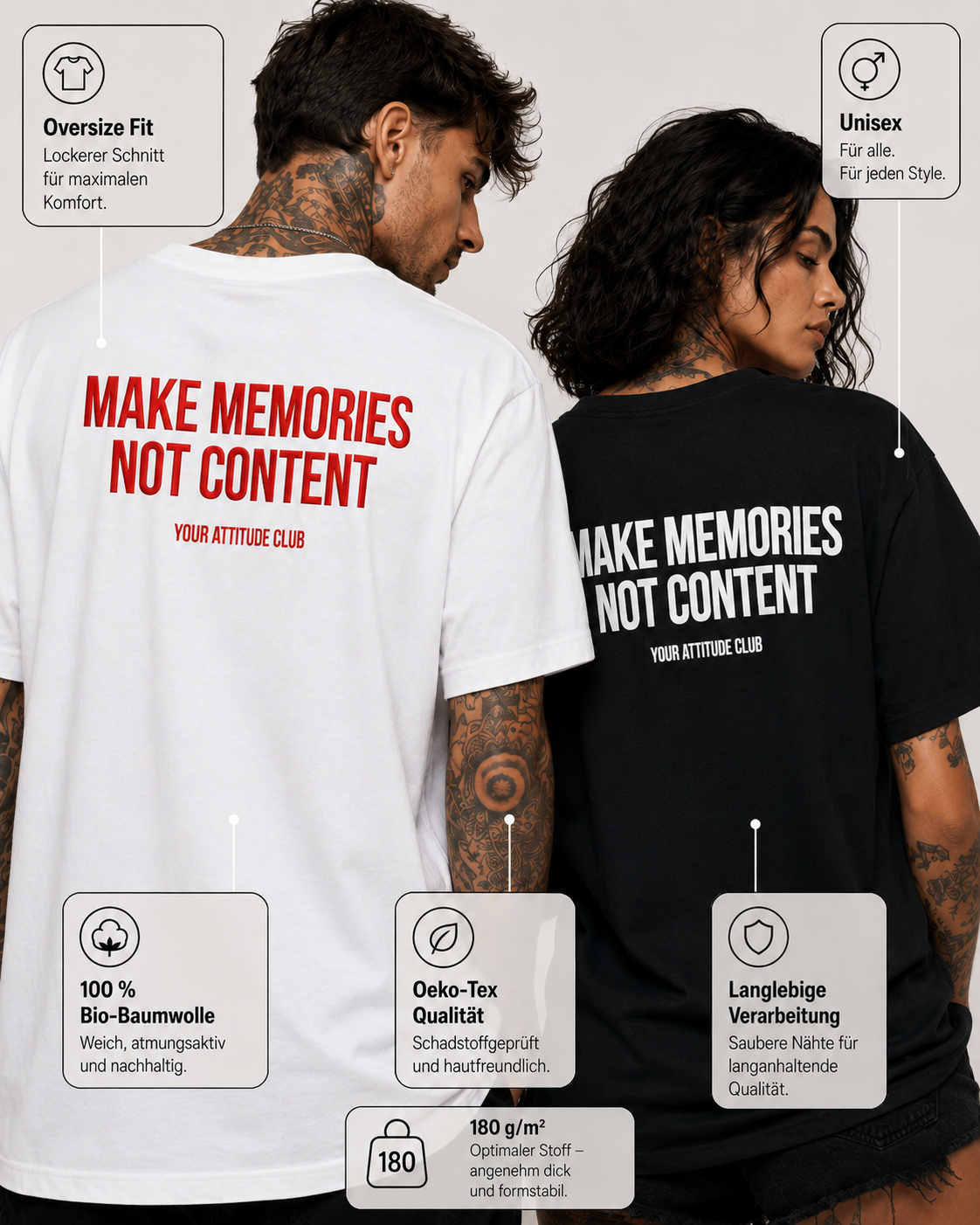 MAKE MEMORIES NOT CONTENT – schwarzes Oversize Unisex Shirt, weißer Backprint, Statement Shirt, Social Media Spruch, Festival Shirt, Geschenk