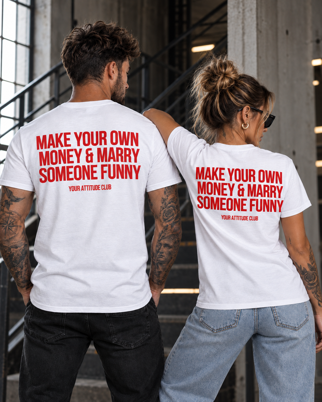 MAKE YOUR OWN MONEY & MARRY SOMEONE FUNNY – Unisex Statement T-Shirt Weiß mit rotem Backprint | freches Sprüche Shirt