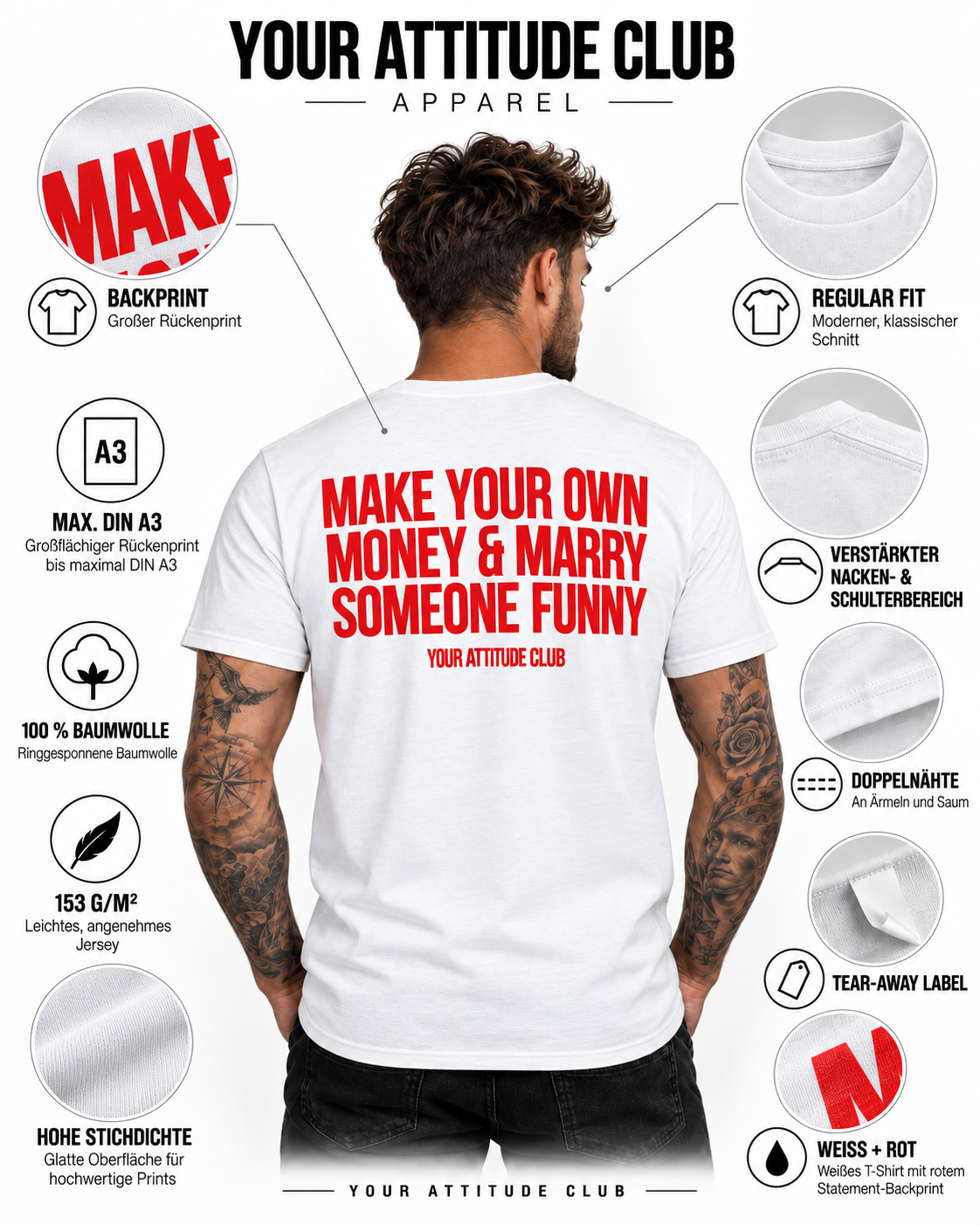 MAKE YOUR OWN MONEY & MARRY SOMEONE FUNNY – Unisex Statement T-Shirt Weiß mit rotem Backprint | freches Sprüche Shirt