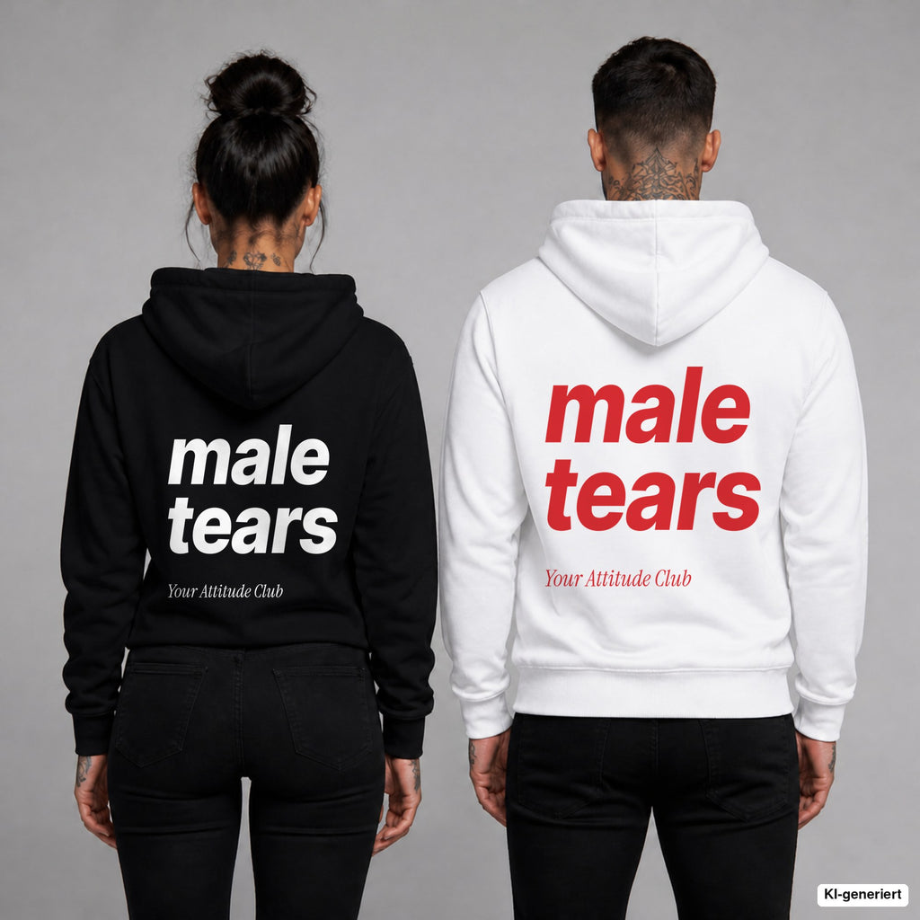 Male Tears – Hoodie mit Backprint, Frau in Schwarz und Mann in Weiß