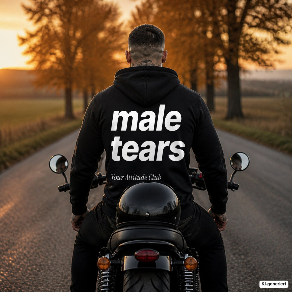 Male Tears – schwarzer Hoodie mit weißem Backprint, Herren auf dem Motorrad