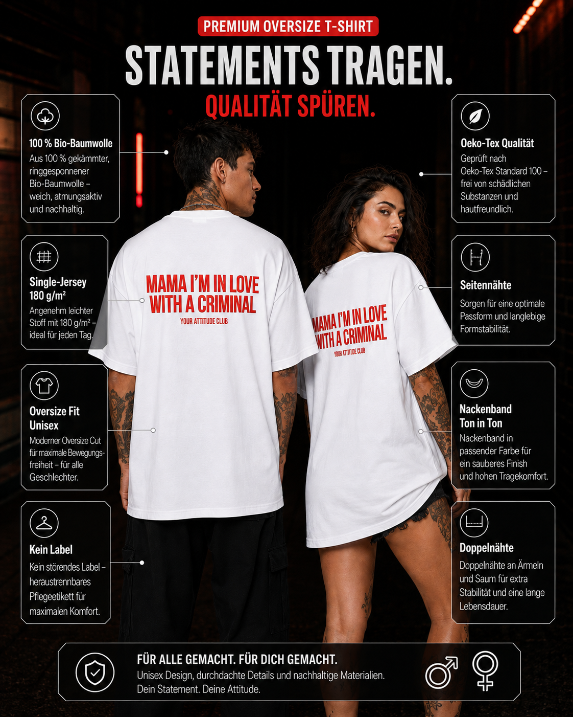 MAMA I’M IN LOVE WITH A CRIMINAL – weißes Oversize Unisex Shirt, roter Backprint, Statement Shirt, frecher Spruch, Funny Shirt, Geschenk