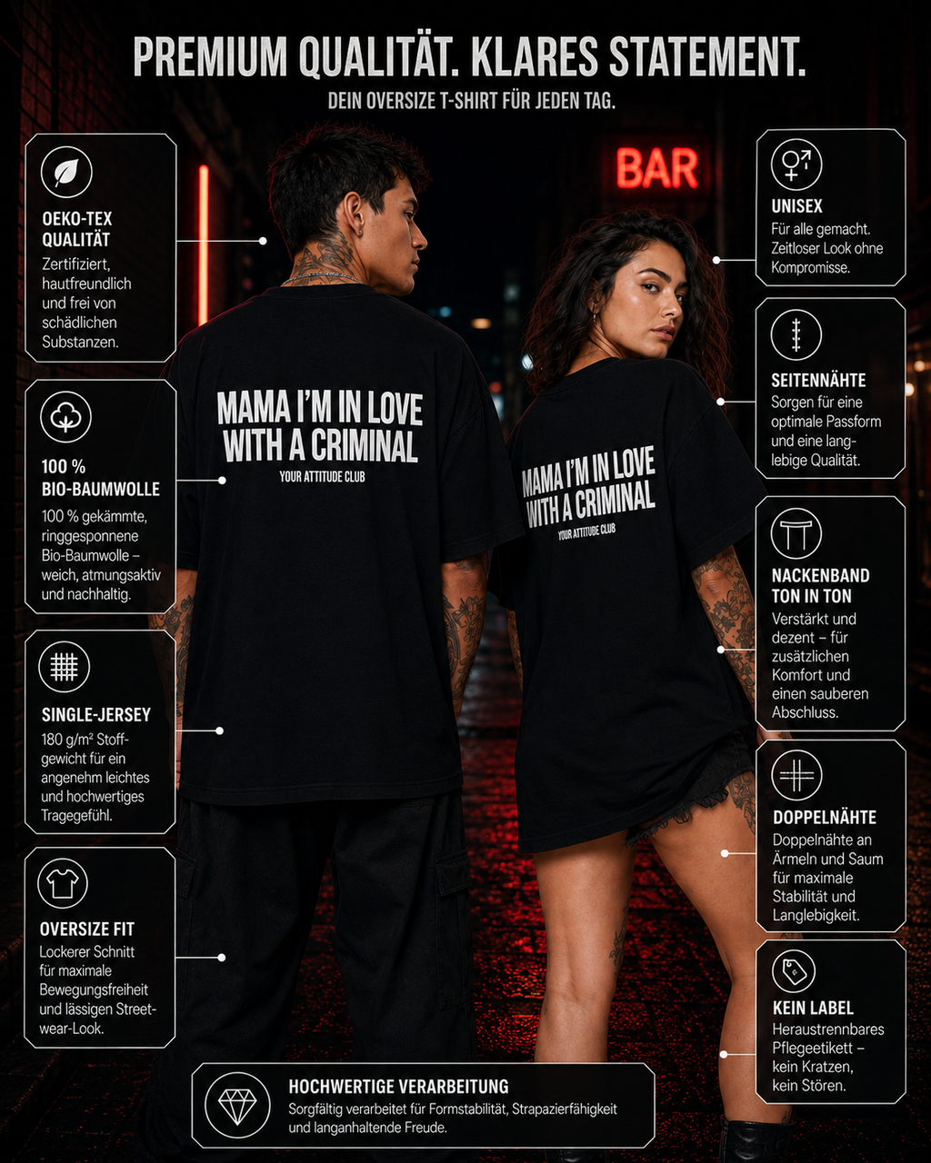 MAMA I’M IN LOVE WITH A CRIMINAL – weißes Oversize Unisex Shirt, roter Backprint, Statement Shirt, frecher Spruch, Funny Shirt, Geschenk