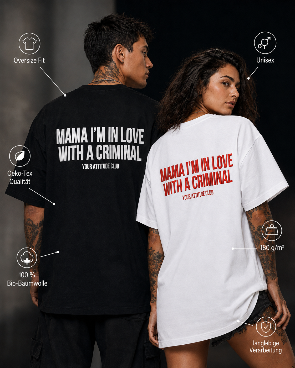 MAMA I’M IN LOVE WITH A CRIMINAL – weißes Oversize Unisex Shirt, roter Backprint, Statement Shirt, frecher Spruch, Funny Shirt, Geschenk