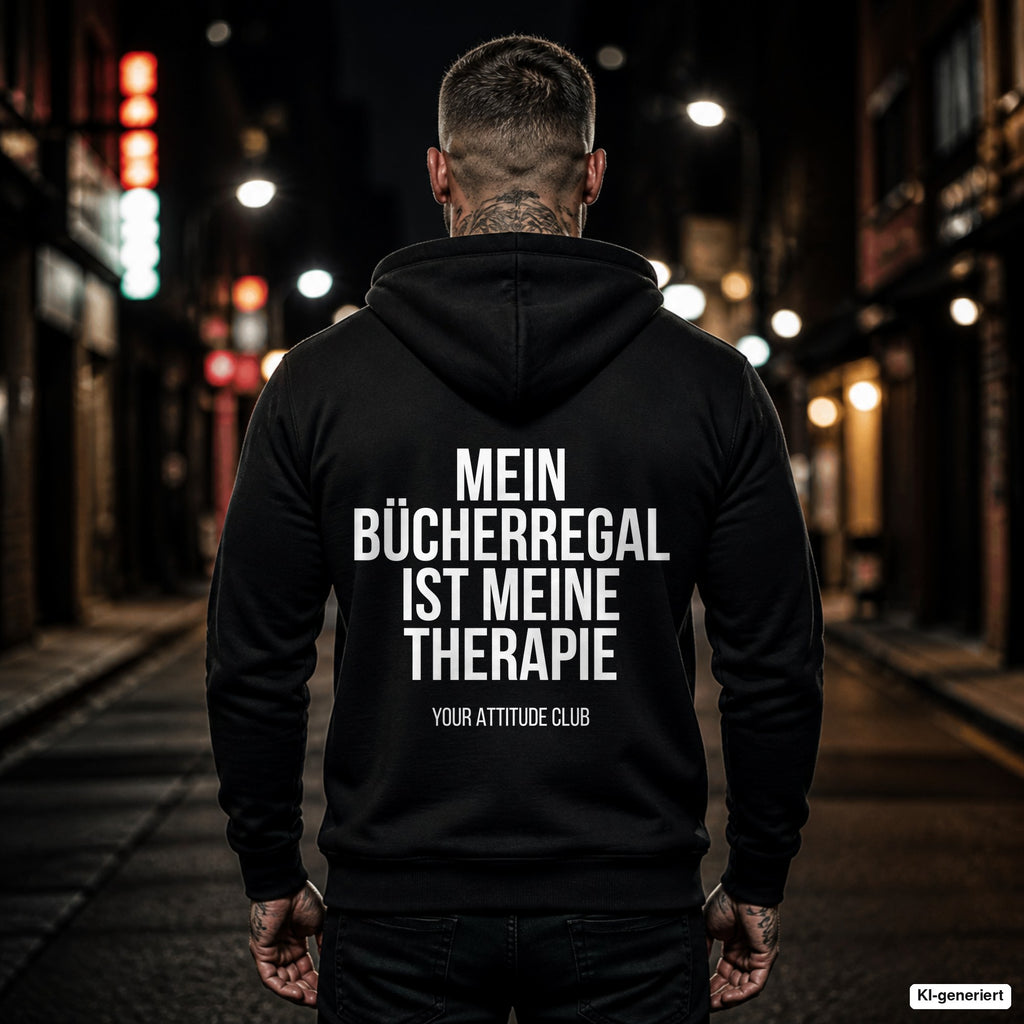 Mein Bücherregal ist meine Therapie – schwarzer Hoodie mit weißem Backprint, Herren in der Stadt bei Nacht