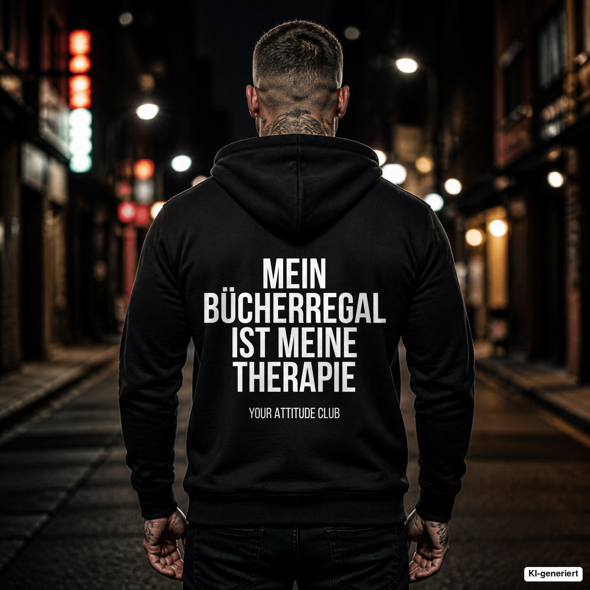 Mein Bücherregal ist meine Therapie – schwarzer Hoodie mit weißem Backprint, Herren in der Stadt bei Nacht