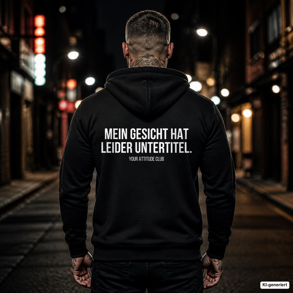 Mein Gesicht hat leider Untertitel – schwarzer Hoodie mit weißem Backprint, Herren in der Stadt bei Nacht