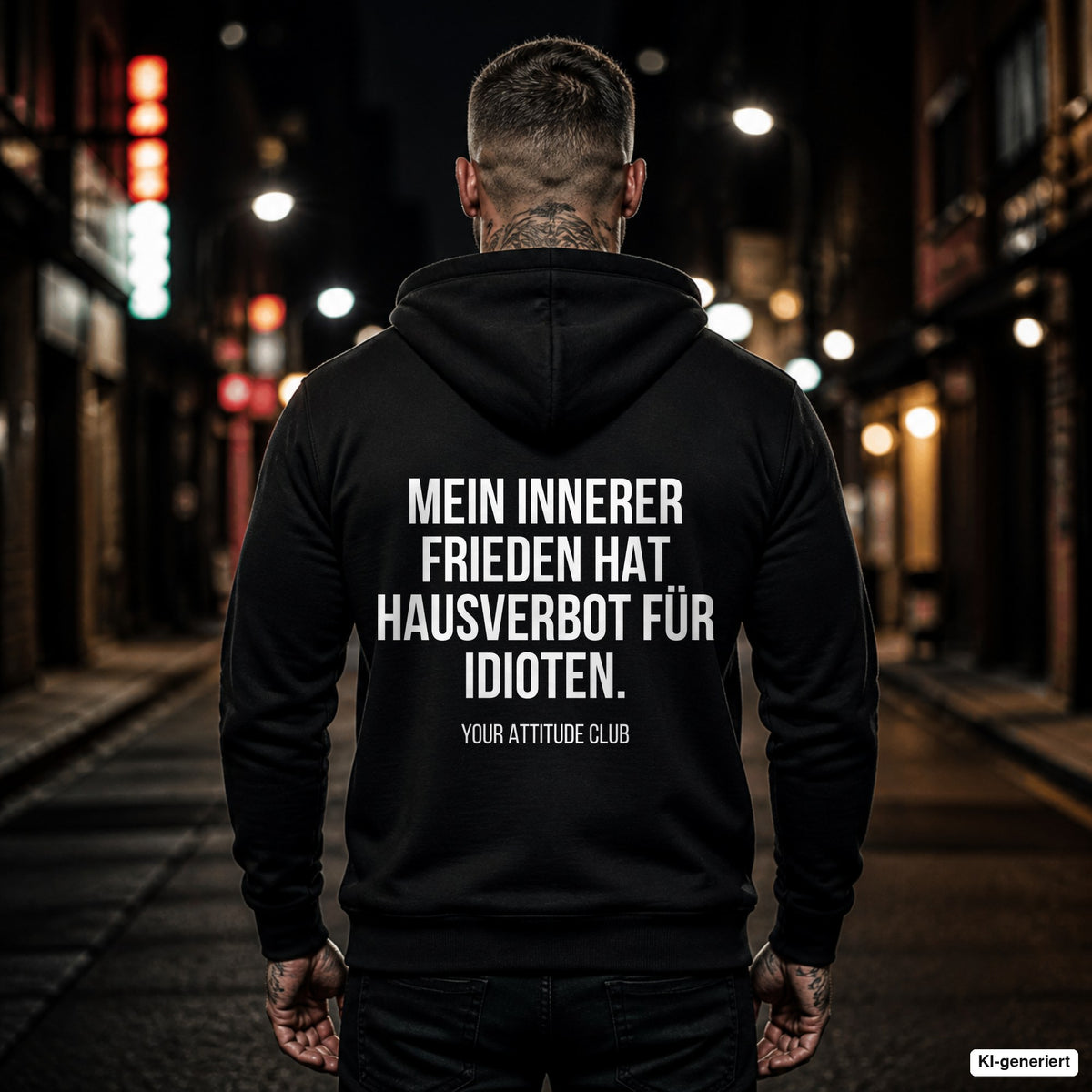 Mein innerer Frieden hat Hausverbot für Idioten – schwarzer Hoodie mit weißem Backprint, Herren in der Stadt bei Nacht