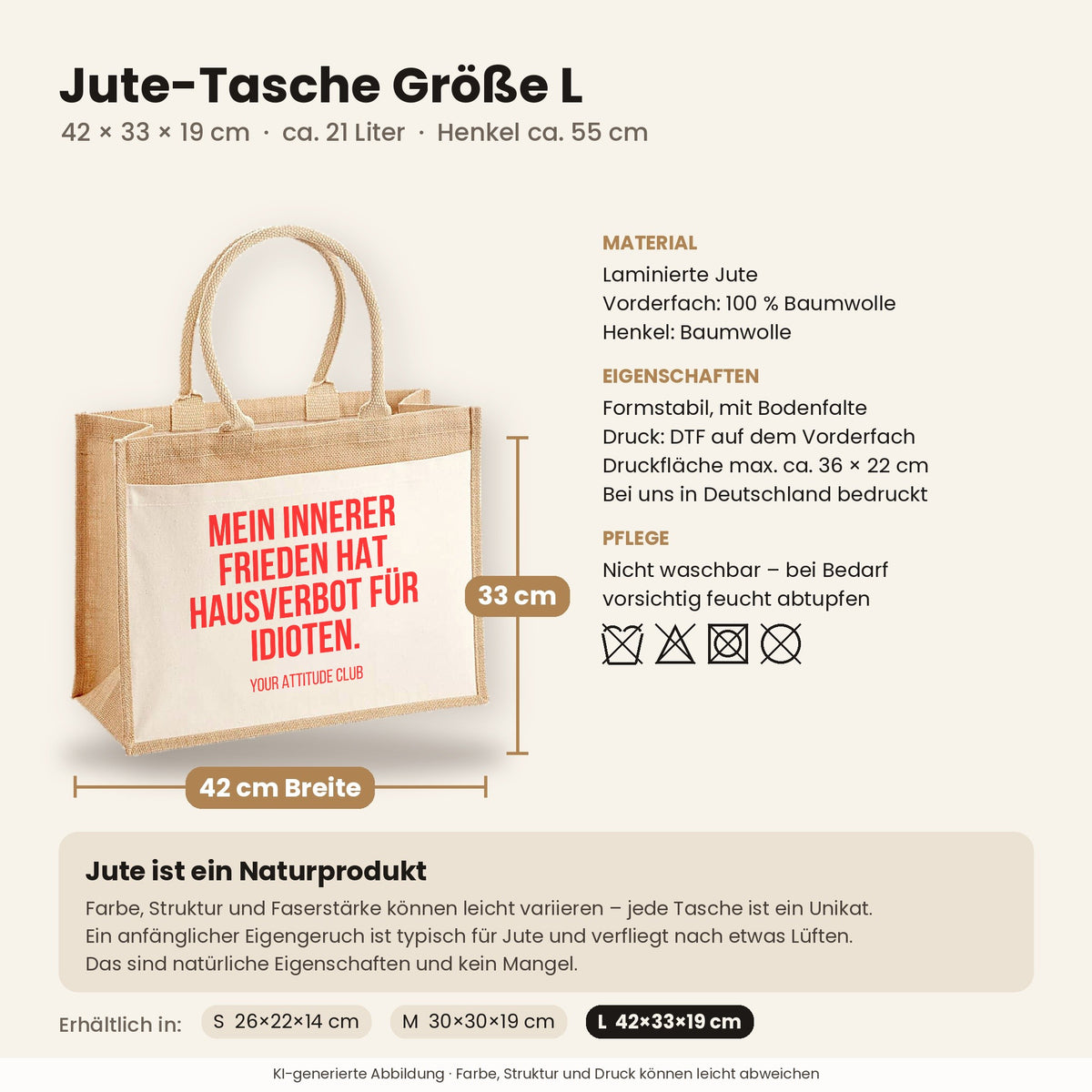 Mein innerer Frieden hat Hausverbot für Idioten. – Jutetasche mit Spruch, Maße, Material und Pflege