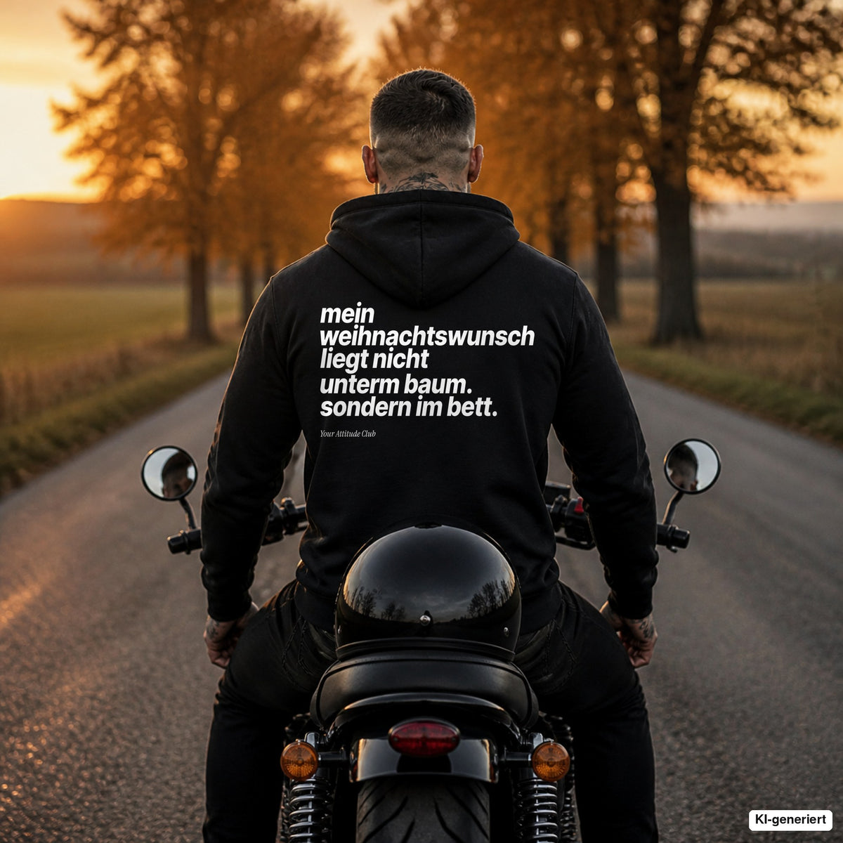 Mein Weihnachtswunsch liegt nicht unterm Baum. Sondern im Bett – schwarzer Hoodie mit weißem Backprint, Herren auf dem Motorrad