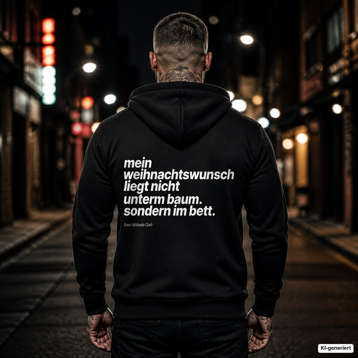 Mein Weihnachtswunsch liegt nicht unterm Baum. Sondern im Bett – schwarzer Hoodie mit weißem Backprint, Herren in der Stadt bei Nacht