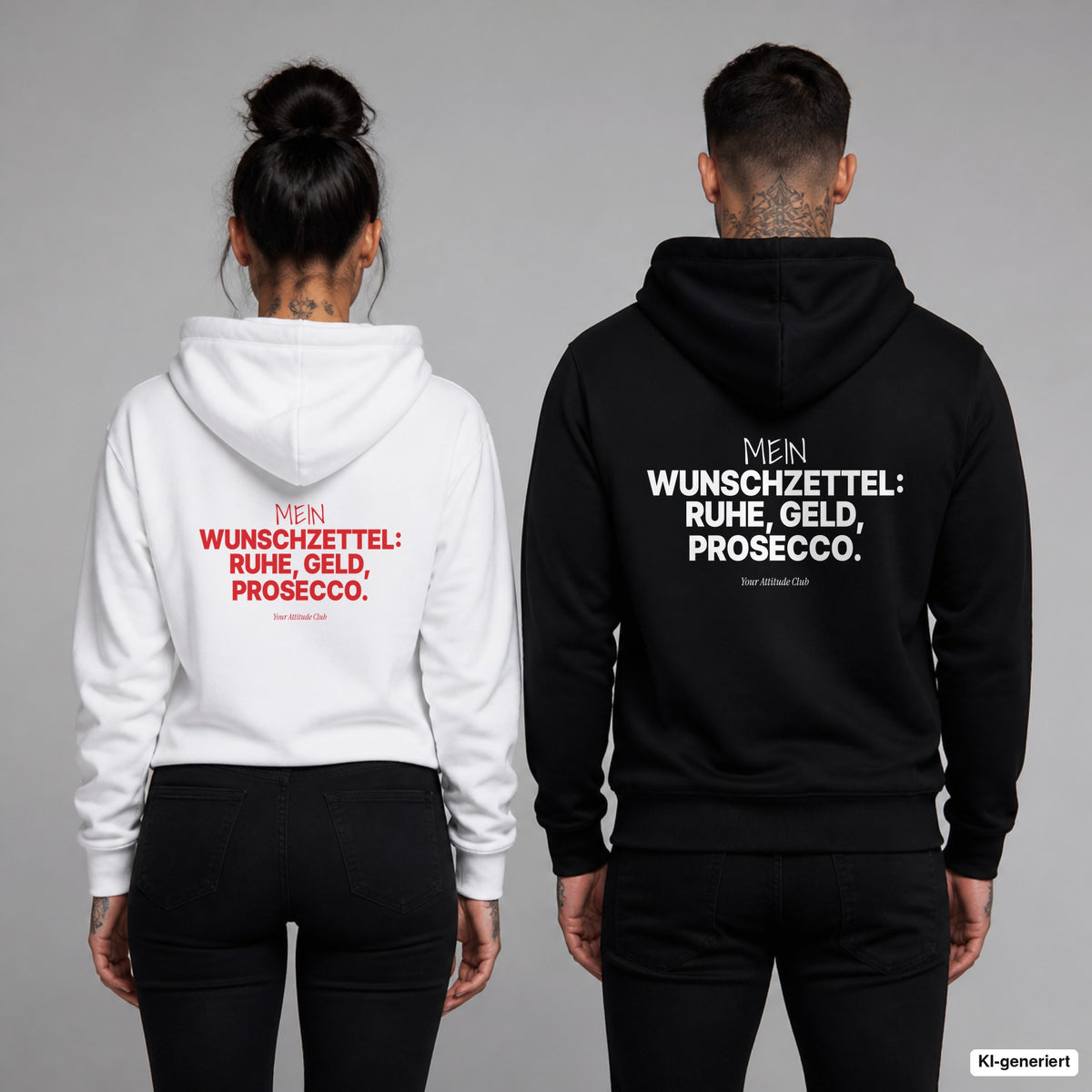 Mein Wunschzettel: Ruhe, Geld, Prosecco – Hoodie mit Backprint, Frau in Weiß mit rotem und Mann in Schwarz mit weißem Aufdruck