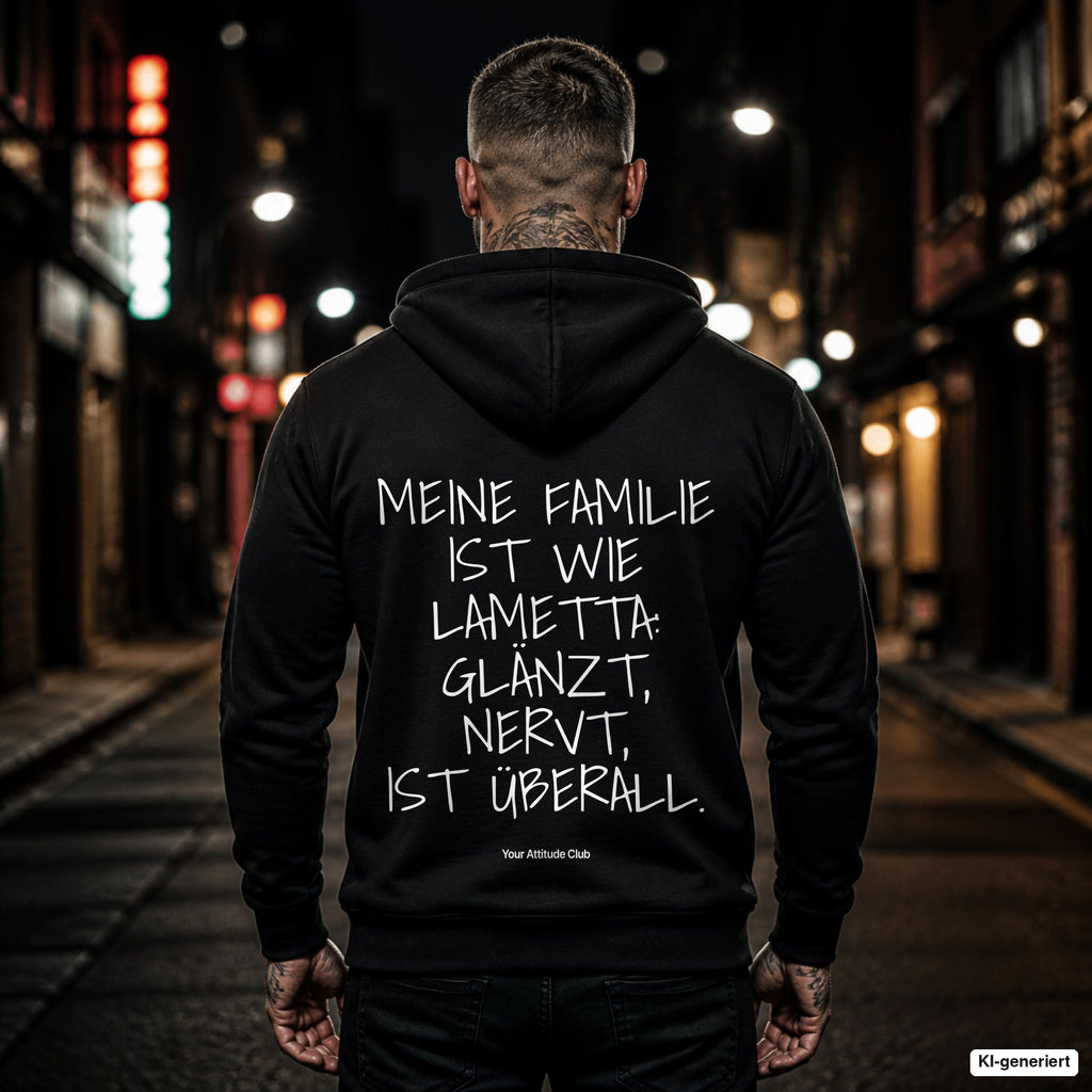 Meine Familie ist wie Lametta: glänzt, nervt, ist überall – schwarzer Hoodie mit weißem Backprint, Herren in der Stadt bei Nacht