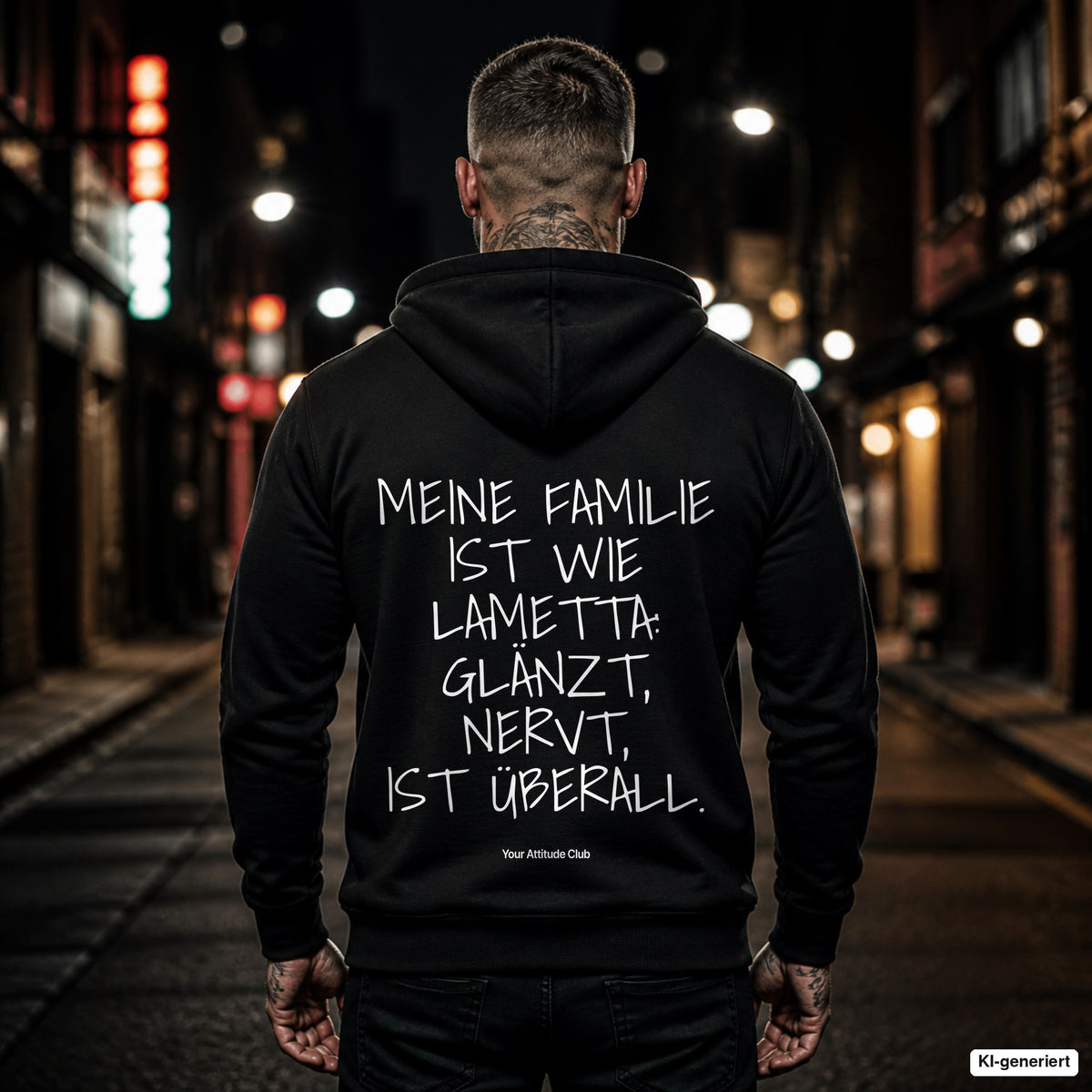 Meine Familie ist wie Lametta: glänzt, nervt, ist überall – schwarzer Hoodie mit weißem Backprint, Herren in der Stadt bei Nacht