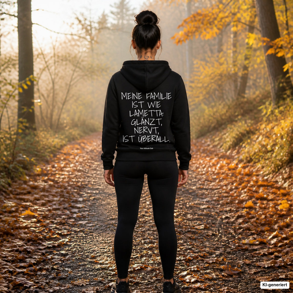 Meine Familie ist wie Lametta: glänzt, nervt, ist überall – schwarzer Hoodie mit weißem Backprint, Damen beim Joggen im Herbst