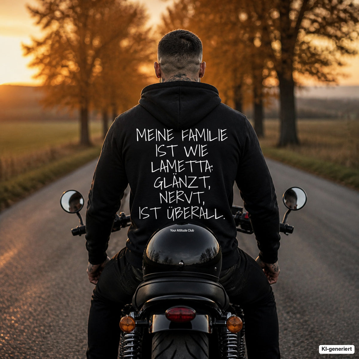 Meine Familie ist wie Lametta: glänzt, nervt, ist überall – schwarzer Hoodie mit weißem Backprint, Herren auf dem Motorrad