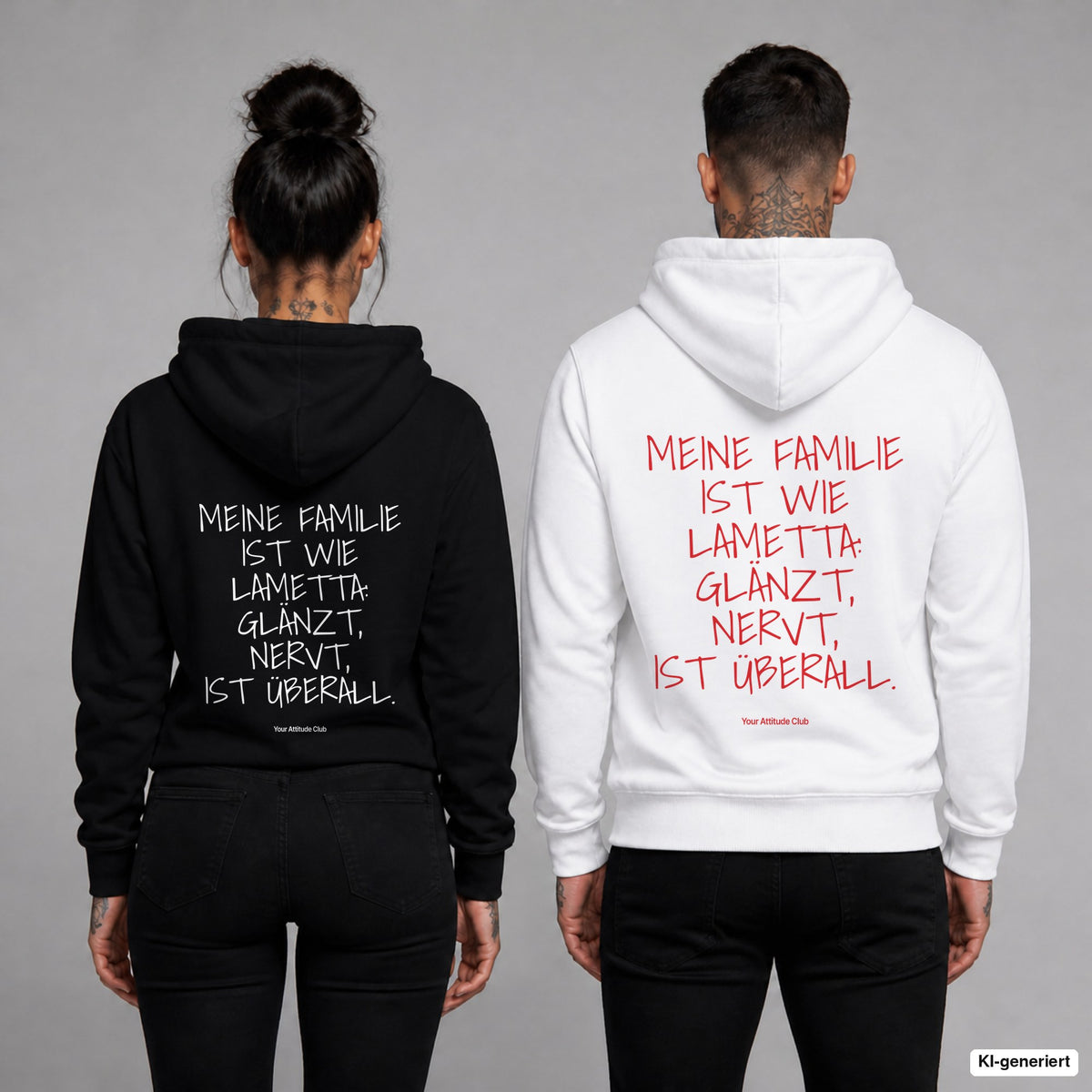 Meine Familie ist wie Lametta: glänzt, nervt, ist überall – Hoodie mit Backprint, Frau in Schwarz und Mann in Weiß