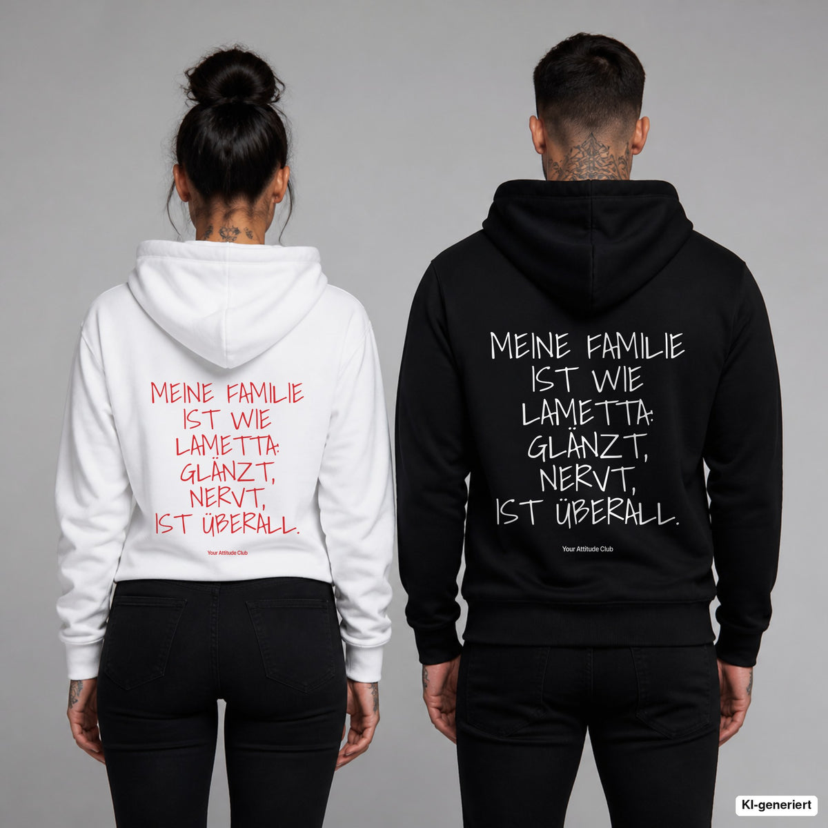 Meine Familie ist wie Lametta: glänzt, nervt, ist überall – Hoodie mit Backprint, Frau in Weiß mit rotem und Mann in Schwarz mit weißem Aufdruck
