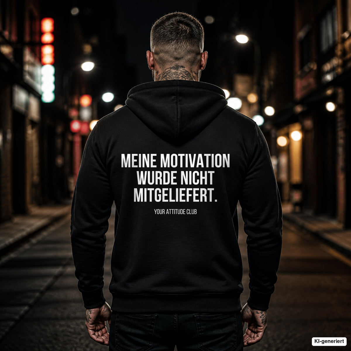 Meine Motivation wurde nicht mitgeliefert – schwarzer Hoodie mit weißem Backprint, Herren in der Stadt bei Nacht