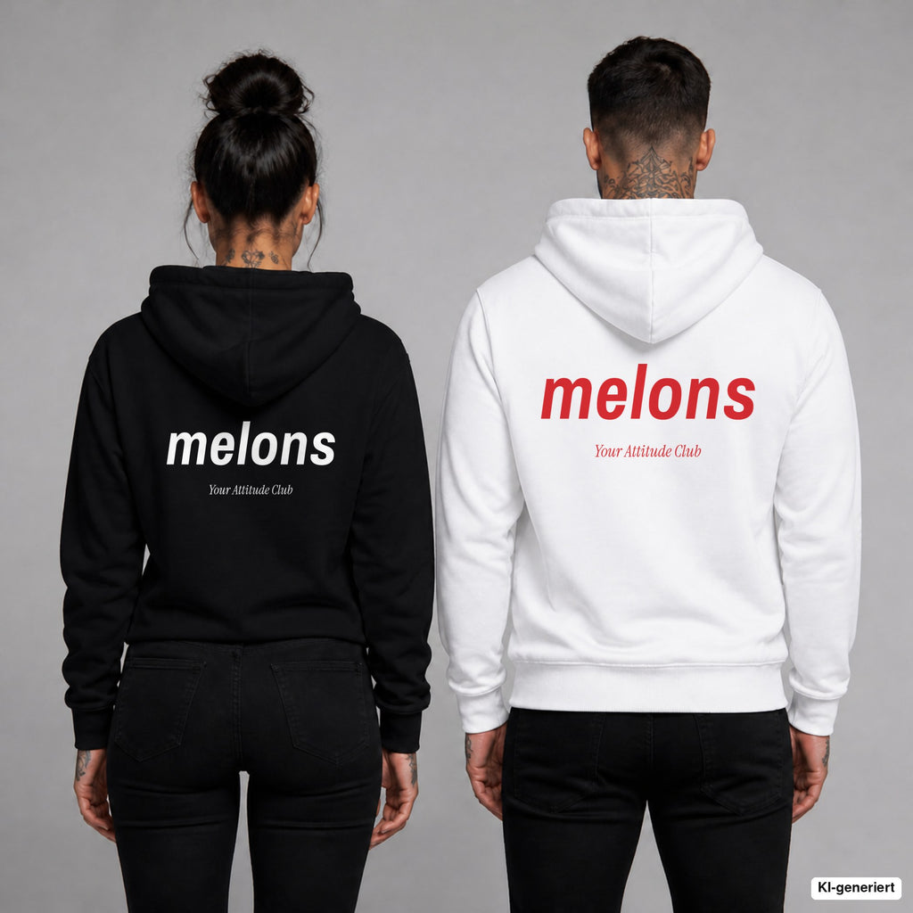 Melons – Hoodie mit Backprint, Frau in Schwarz und Mann in Weiß