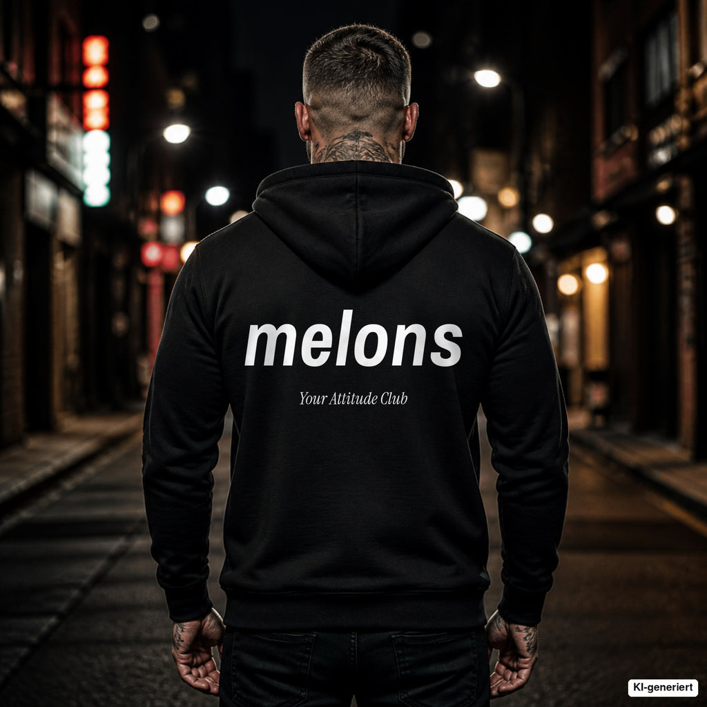 Melons – schwarzer Hoodie mit weißem Backprint, Herren in der Stadt bei Nacht