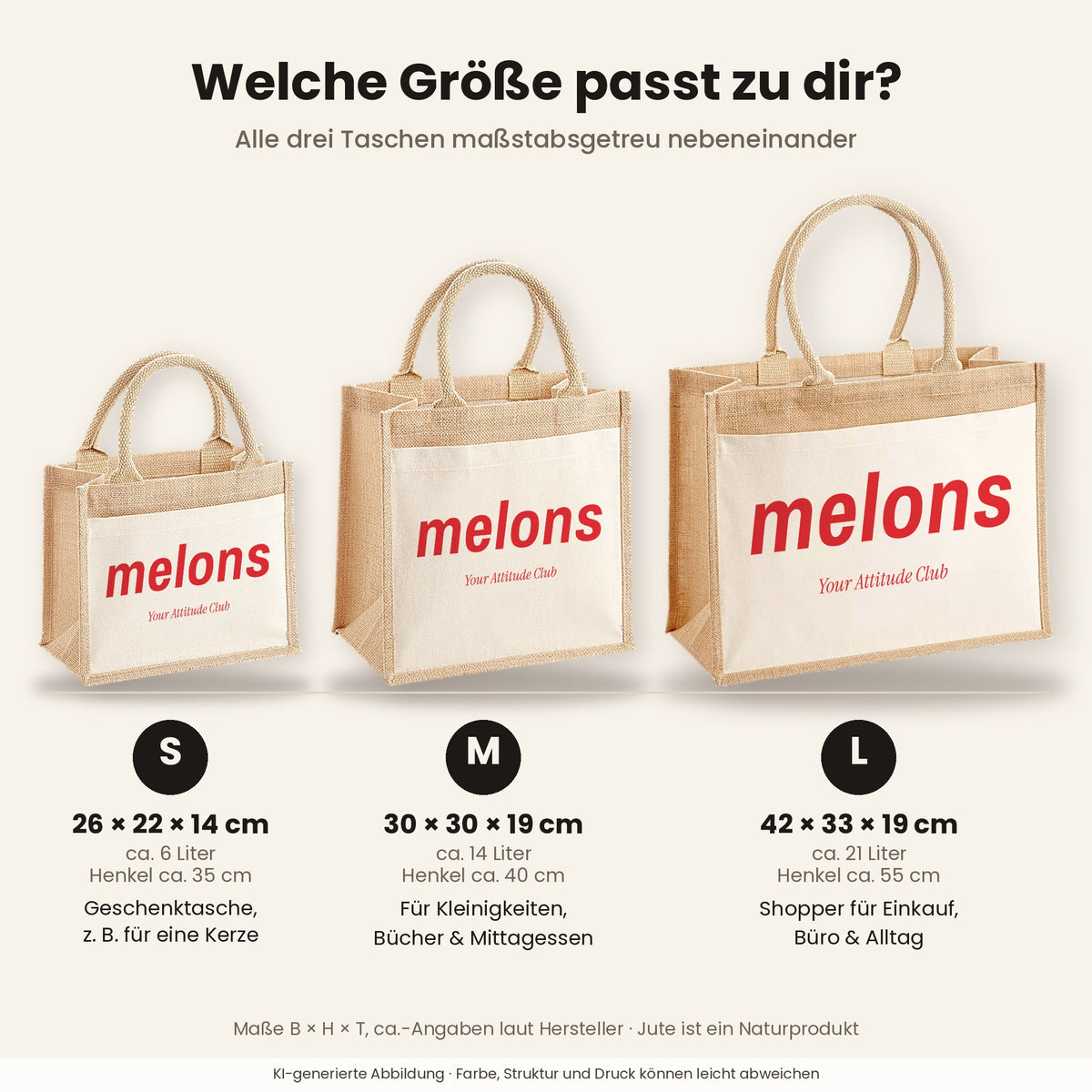 Melons – Jutetasche mit Spruch, Größenvergleich klein, mittel, groß