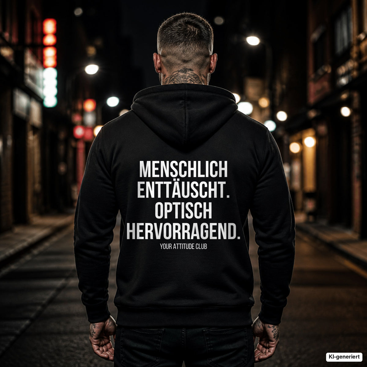 Menschlich enttäuscht. Optisch hervorragend – schwarzer Hoodie mit weißem Backprint, Herren in der Stadt bei Nacht