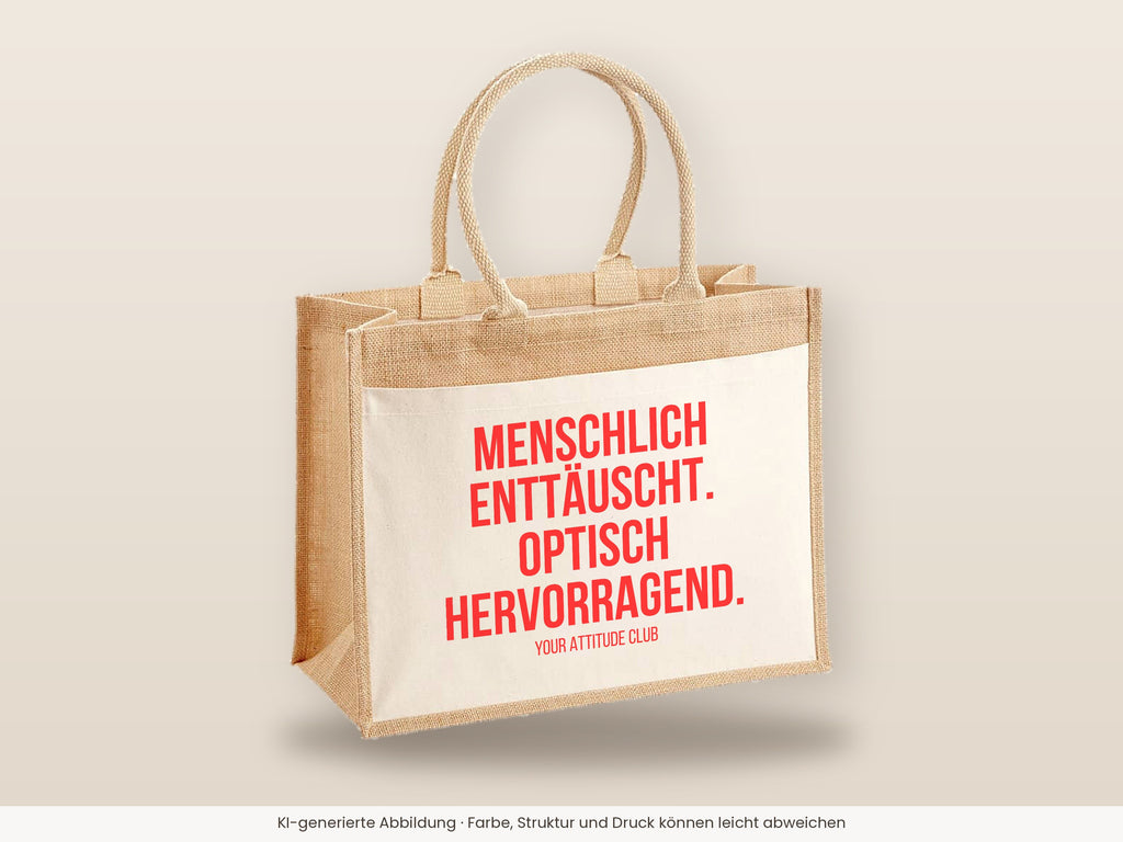 Menschlich enttäuscht. Optisch hervorragend. – Jutetasche mit Spruch, große Jutetasche, Detailansicht