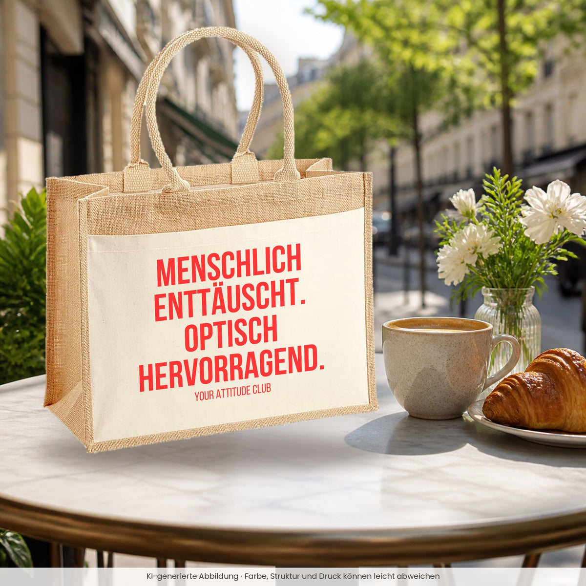 Menschlich enttäuscht. Optisch hervorragend. – Jutetasche mit Spruch, im Café