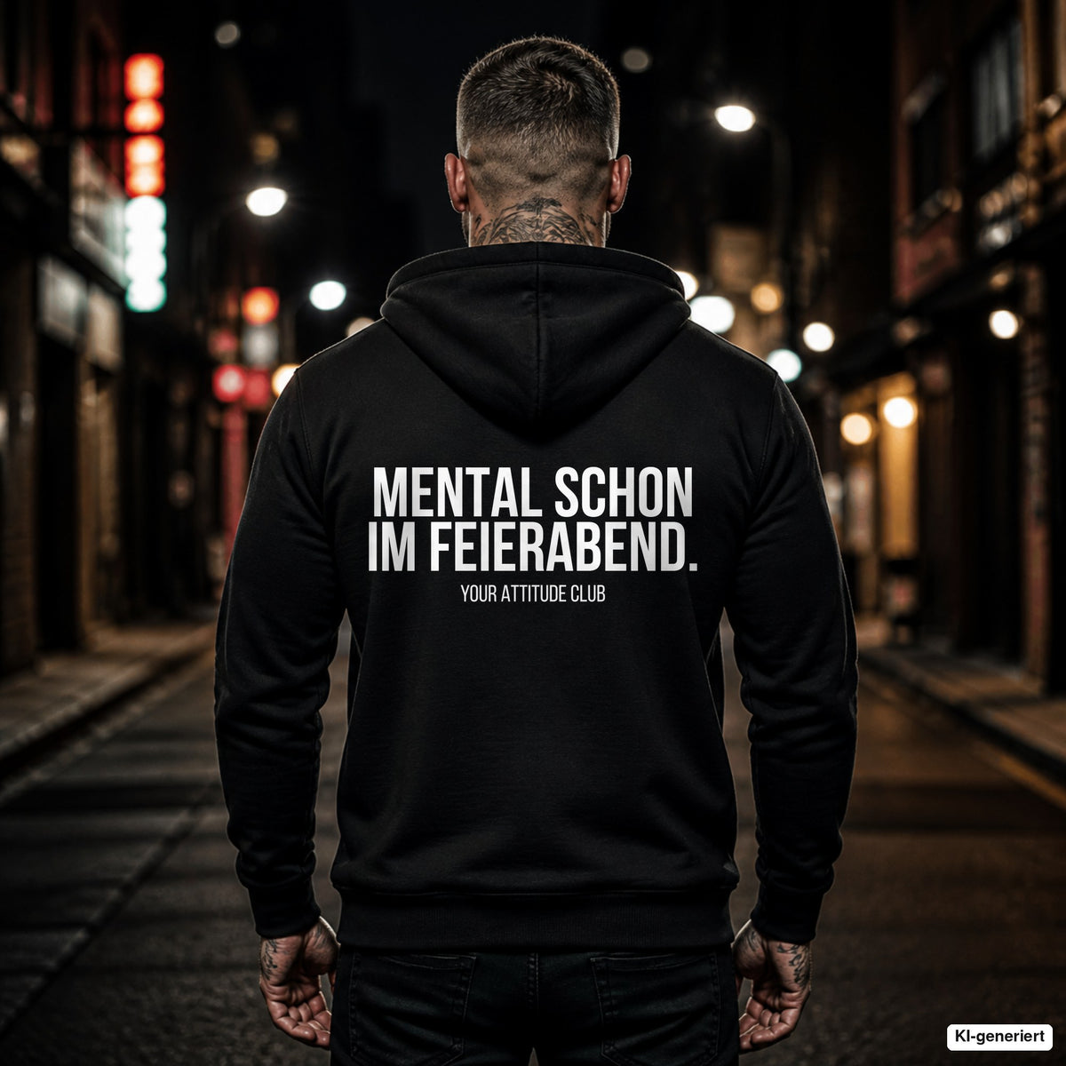 Mental schon im Feierabend – schwarzer Hoodie mit weißem Backprint, Herren in der Stadt bei Nacht