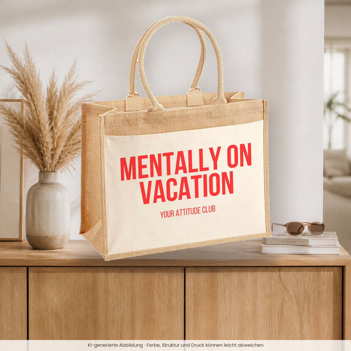 Mentally on vacation – Jutetasche mit Spruch, auf dem Sideboard im Flur