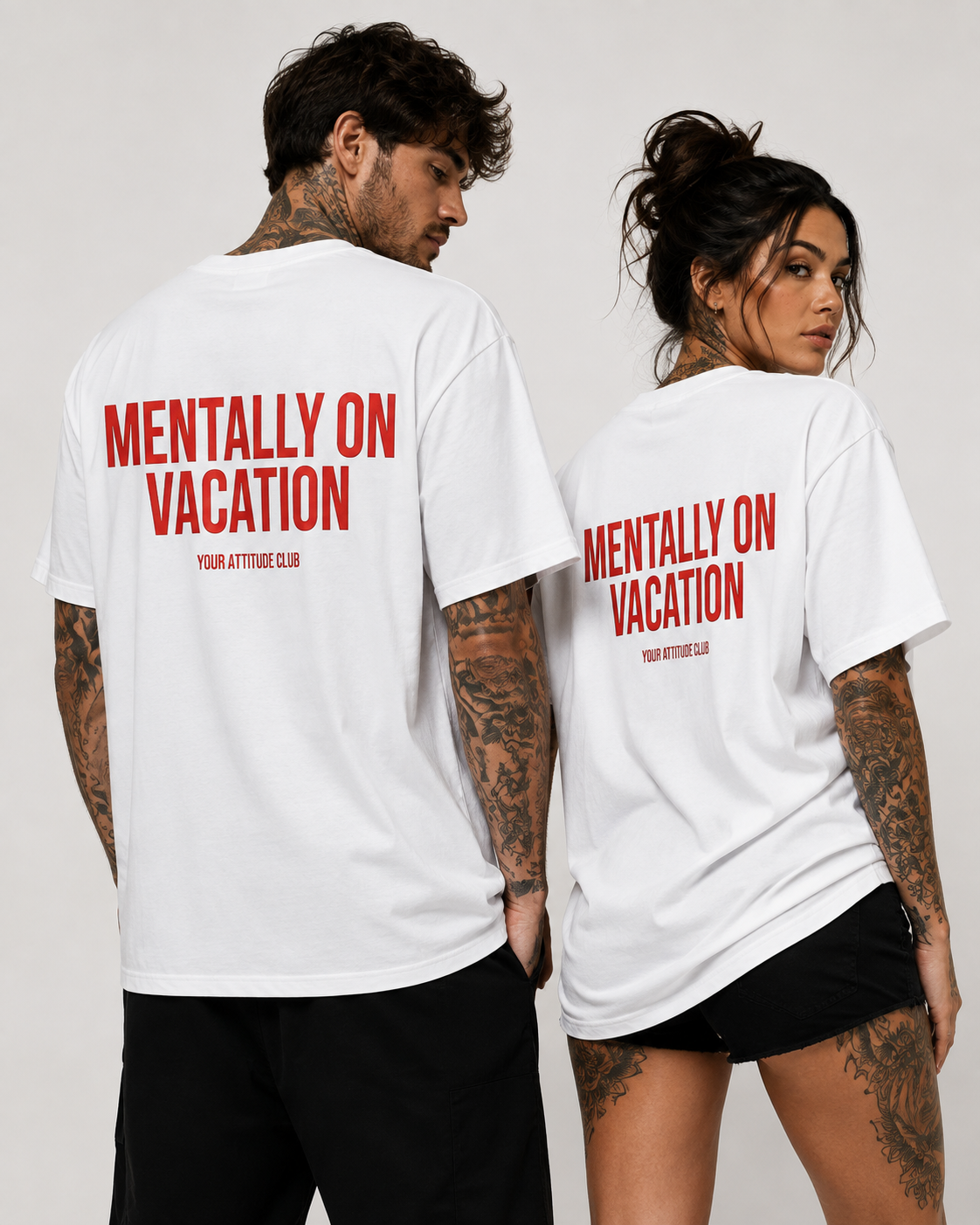 MENTALLY ON VACATION – Schwarzes Oversize Unisex Shirt mit weißem Backprint, lustiges Statement Shirt, Urlaub Shirt, Sarkasmus T-Shirt, Funny Tee