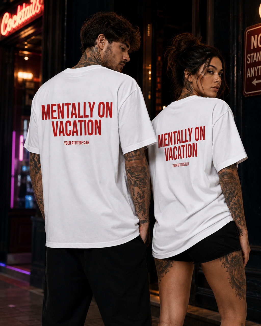 MENTALLY ON VACATION – Schwarzes Oversize Unisex Shirt mit weißem Backprint, lustiges Statement Shirt, Urlaub Shirt, Sarkasmus T-Shirt, Funny Tee